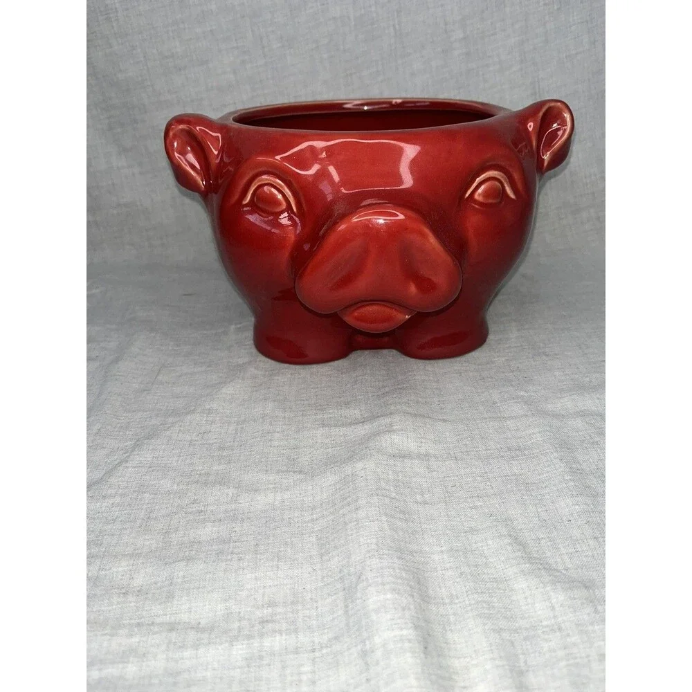 Vintage Red Pig Bowl Planter vase coin  trinket dish Art Pottery